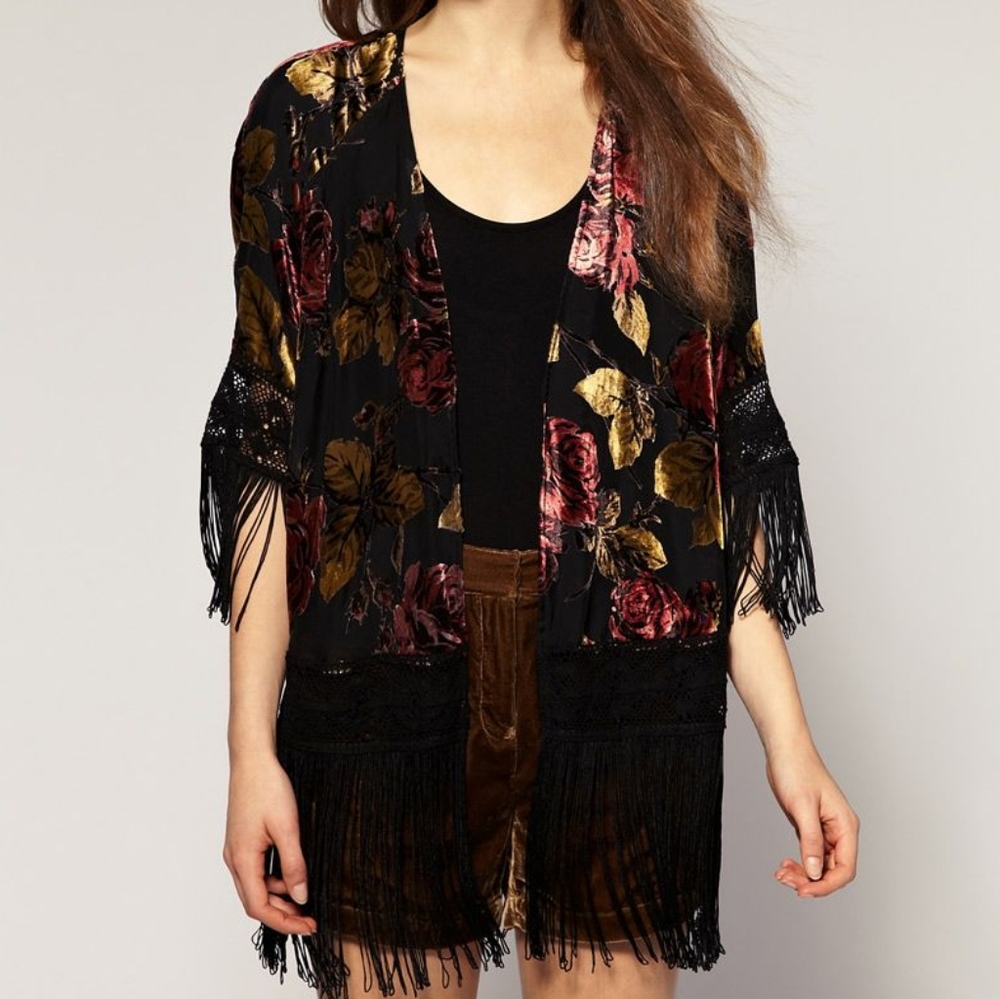 Black velvet and fringe jacket from River Island